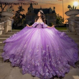 EVLAST Customized Glitter Lavender Ball Gown Quinceanera Dress 3D Floral Applique Beading Sweet 16 Vestidos De 15 Anos E1Q855
