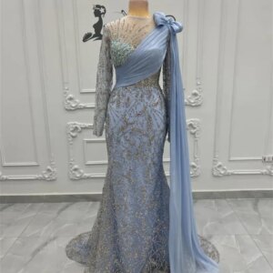 Long Blue Dubai Mermaid Evening Dresses Silver Beads Sequin Party Gown Wedding Dress Customized Formal Gowns Vestidos de Gala