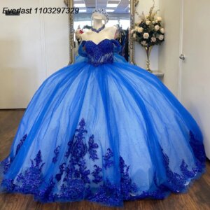 EVLAST Customized Blue Quinceanera Dress Ball Gown Shiny Lace Applique Beaded Crystal Corset Sweet 16 Vestido De 15 Anos QD1007