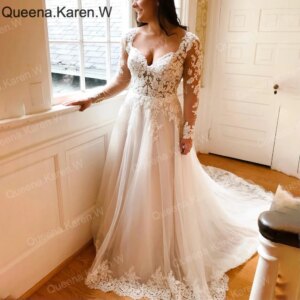 Elegant Wedding Dress long sleeve sweetheart lace applique bride dress robe de mariee A line Wedding Bridal Gown