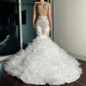 EVLAST Customized Sparkly White Mermaid Ruffles Prom Dress Black Girls Silver Crystal Beaded African Evening Party Gown TPD191
