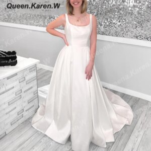 Elegant Boho A line Wedding Dress U neck satin bride dress robe de mariee A line Wedding Bridal Gown