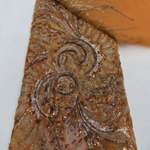 Brown African French Tulle Sequins Bridal Lace Fabric 2025 High Quality Elegant Beaded Lace Fabric Wedding Evening Dress Sewing