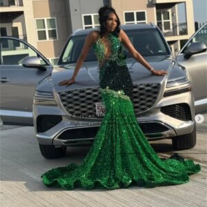Glitter Sequins Appliques Prom Dress 2025 Mermaid Evening Gala Gown Black Girl Customized African Feathers Wedding Party Dress