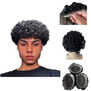 Brazilian Virgin Human Hair Systems #1 Jet Black Color 16mm Curl Lace with PU Unit 7×9 AUS Toupee for White Men