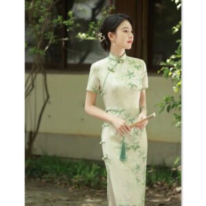 Retro Chinese Style Long Double-Layer Cheongsam Qi Pao Summer New Light Green Young Girl’s Casual