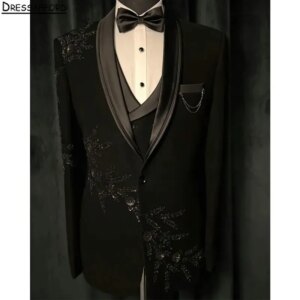 Black Formal Men Business Beading Sequined Occasion Tuxedos Grooms Wedding Party Prom Male Suit 2 Piece Set Blazer Pants