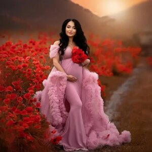 Fluffy White Tulle Maternity Robes for Photo Shoot Off Shoulder Tiered Ruffles Pregnant Women Dress Sexy Babyshower Gown