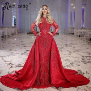 Newest Red Middle East Evening Dress Plus Size Engagement Dress Long Sleeve Robe de Mariée Muslim Beaded Prom Gowns Customized