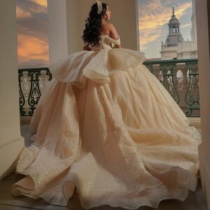 Customized Shiny champagne color Off Shoulder Quinceanera Dress Lace sequin applique trailing Bow vestidos de 15 Quinceanera