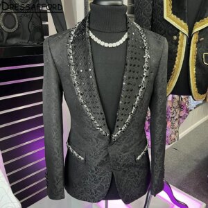 Black jacquard Men Suits Two Pieces Crystal Diamonds Evening Party Blazer Groom Wear ( Jacket + Pants )