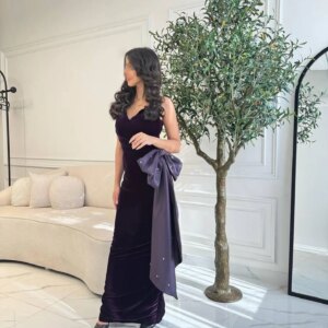 Customized Temperament Sweetheart Bow Pearls Evening Dresses Graceful Velour Pleats Purple Vestido De Festa Vestido De Noche