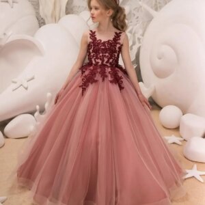 Lace Appliaue Flower Girl Dress Pageant Dresses For Girls Tulle Pageant Dress for Girls Long Sleeveless Princess Party Ball Gown