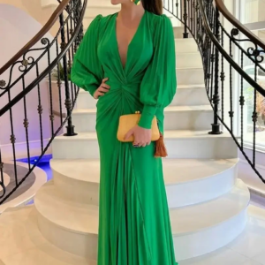 Flavinke Customized Green V-Neck Long Sleeve Prom Dresses Chiffon Formal Evening Dresses Party Gowns For Women robe de mariée