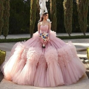 Pink Sweetheart Quinceanera Dress Princess Off the Shoulder Prom Gown Beads Tulle Tiered Sweet 16 Dress Vestidos De 15 Anos