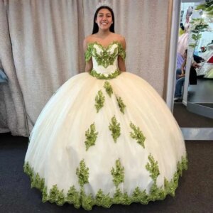 Customized Green Tulle Quinceanera Dresses Lace Appliques Off The Shoulder Cathedral Train Princess Ball Gown