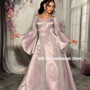 Customized Luxury Evening Dresses A-Line Square Neckline Floor-Length Beadings Zipper Up Long Sleeves Lining Elegant Party Dress