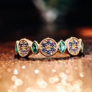 Provence 18K/14K/10K Solid Gold Marquise Cut Lab Grown Zambian With Round Blue Corundum Flower Shape Stackable Ring For Woman