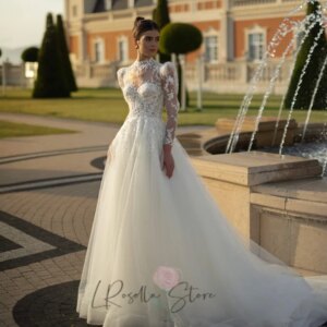 LRosella High Neck Princess Beading Lace Applique Illusion Button Back 2025 Bridal Long Sleeves Customized A-line Wedding Dress