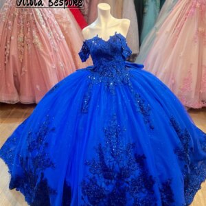 Fantastic King Blue 15 Year Old Quinceanera Dress Lace Applique Off The Shoulder Ball Gown Birthday Dress Luxury Bow Customized