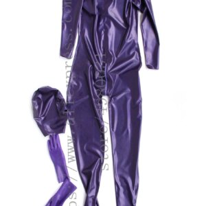 Metallic purple women’s full body latex zentai with feet and including seperated latex hoods & finger gloves