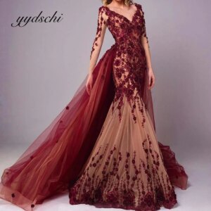 Customized Trumpet / Mermaid V-Neck Prom Dress Party Long Sleeve Beading Tulle Evening Applique Dress Ball Gown Detachable Train