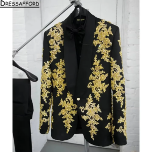 Black Men Suits 2 Piece Gold Crystal Beading Appliques Fashion Business Casual Wear Party Wedding Groom Tuxedo Jacket And Pants