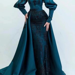 Customized Saudi Arabic Muslim Evening Dresses Long Sleeve High Neck Applique Hunter Women Formal Occasion Wear Wedding Party