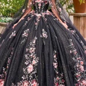 Customized Gothic Black Quinceanera Dresses Wit Cape Applique Lace Up Ball Gown Prom Birthday Party Dress Vestido De xv Anos 15
