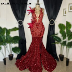 EVLAST Customized Aso Ebi Red Sequins Mermaid Prom Dress Feather Crystal Beaded High Slit African Dress Formal Party Gown E3P355