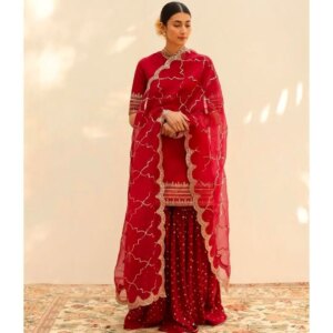 Class Red Salwar Kameez Set Half Sleeve Round Neck Knee High Kurtas