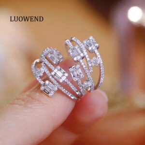 LUOWEND 100% 18K White Gold Rings Elegant Romantic Style 0.65carat Real Natural Diamond Engagement Ring for Women High Jewelry