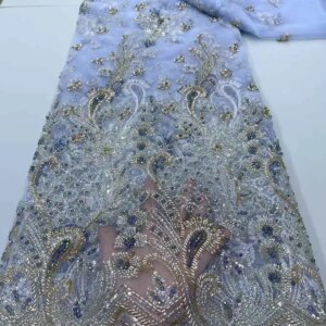 Handmade Embroidery Net Lace Beads Sequins Making Pary or Evening Dress,Unique Design Fabric, Super Top Quality, New Arrival