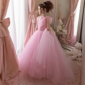 Birthday Party Prom Banquet Princess Gowns Customized Flower Girl Dresses Pink Tulle With Belt Single Shoulder For Wedding