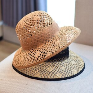New hand-woven hollowed-out decorated flat-top hat and sun-protective