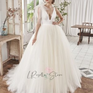 Deep V-neck Sleeveless Tulle Simple Ball Gown Wedding Dress Backless Button Back Sweep Train with Bow Custome Bridal Dresses