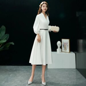 White Banquet Evening Dress 2025 Ladies Party Birthday Party Dress Satin V-neck Cropped Sleeve A-line Formal Dress Women Elegant