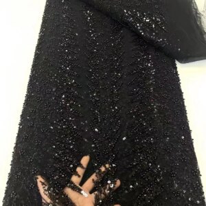Luxurious Nigerian Handmade Beaded French Lace 2024 High Quality Sequins Black Gold Embroidery African Net Lace Fabric For Dress