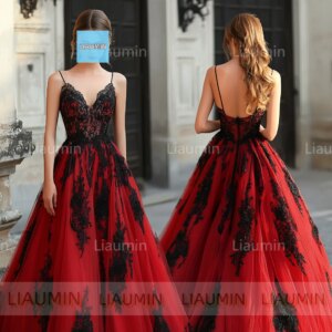 Classic Red Tulle Black Lace Applique V Neck Strap Floor Length Prom Formal Wedding Dresses Evening Backless Custom Made C-1.9