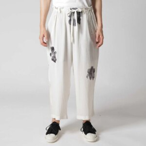 YOJI OOAK white silk pants with ink flower print pattern, straight tube loose waistband design, men’s pants