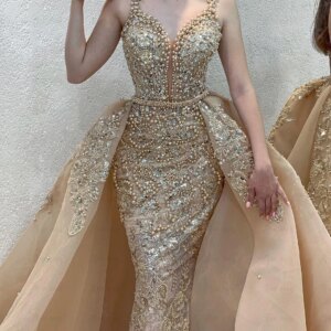 Light Champagne Formal Evening Dress Plunging Neck Pearls Party Dress With Overskirt 2 Pieces Gala Dresses Pageant Customized