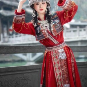 Miao Nationality Costume Female Miao Tujia Girl Ethnic Red Suit Studio Stage Photo China Minority Performance Costume Women