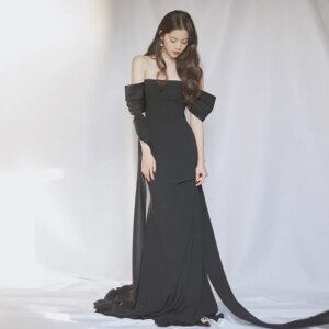 Black Satin Evening Dresses Korea Simple One Shoulder Sexy Backless Gowns Trailing Light Wedding Dress for Women Bridal Dress