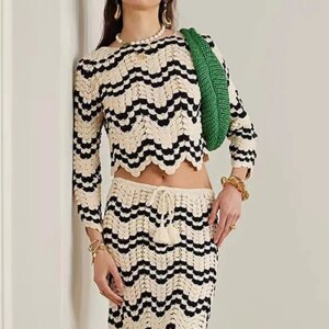 Cotton Women Pullover Y2k Handmade Crochet Clashing Wave Trim Elegant Commuter Round Neck Long Sleeve Sweater Top 2024 Fall New
