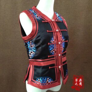 Boutique Double-Layer Ethnic Style Ladies’ Vest Low Neckline Short Top Thick Waistcoat with Lining Blue Custom
