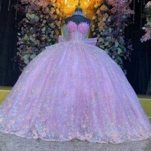 Lila Shiny Quinceanera Dresses Ball Gown Off The Shoulder Sequin Applique Lace Bow Beads Tull Party Birthday Sweet 16 Vestidos15