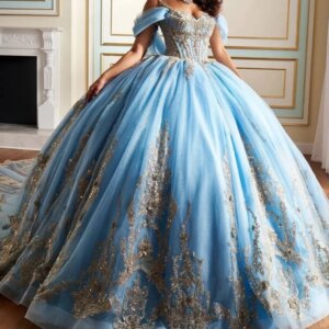 Customized Shiny blue Off Shoulder Quinceanera Dress Tull crystal golden applique Long tail vestidos de 15 Quinceanera