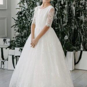 Custom Made 2026 Birthday First Communion Gowns Flower Girl Dresses White Tulle Lace Appliques With Bow Half Sleeve For Wedding