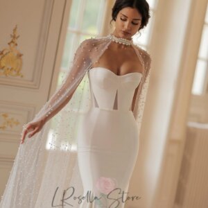 Elegant Sweetheart Neckline Satin Wedding Dress with Pearls Cloak Sweep Train Sleeves Women Dress Floor Length Dresses