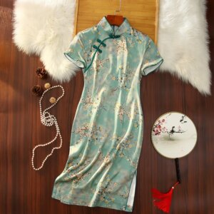 Cheongsam Qipao Women’s Dress Summer Age-Reducing Stand Collar High Quality Real Silk Printed Chinese